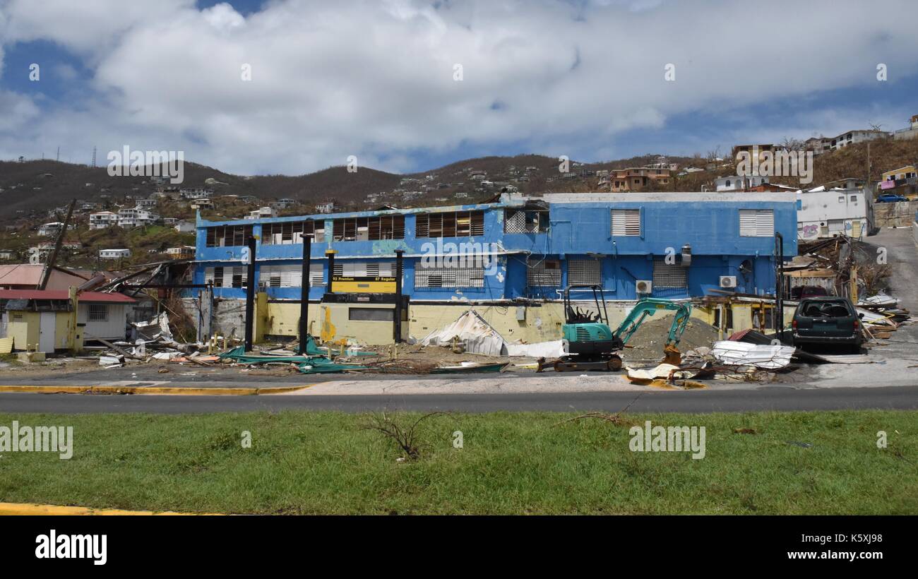 An apartment building heavily damaged by Hurricane Irma September 9, 2017 in St. Thomas, Virgin Islands. Imra made landfall in the islands with winds of 185-mph making it the strongest hurricane ever recorded in the Atlantic Ocean and caused massive devastation in the Virgin Islands. Stock Photo