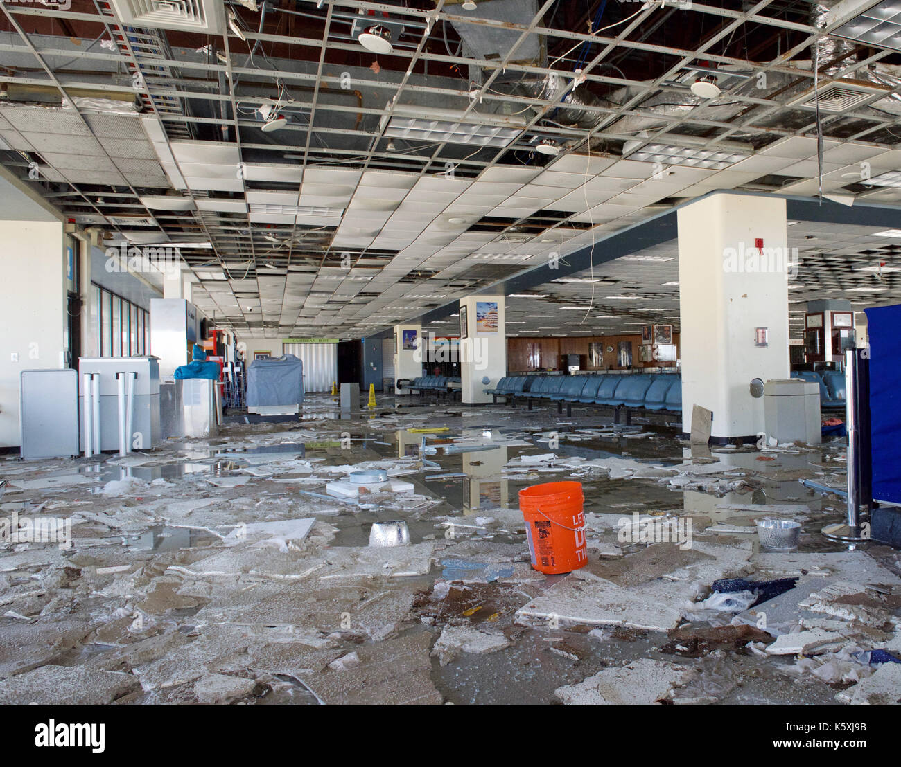 The interior of St Thomas International Airport heavily damaged by Hurricane Irma September 9, 2017 in St. Thomas, Virgin Islands. Imra made landfall in the islands with winds of 185-mph making it the strongest hurricane ever recorded in the Atlantic Ocean and caused massive devastation in the Virgin Islands. Stock Photo