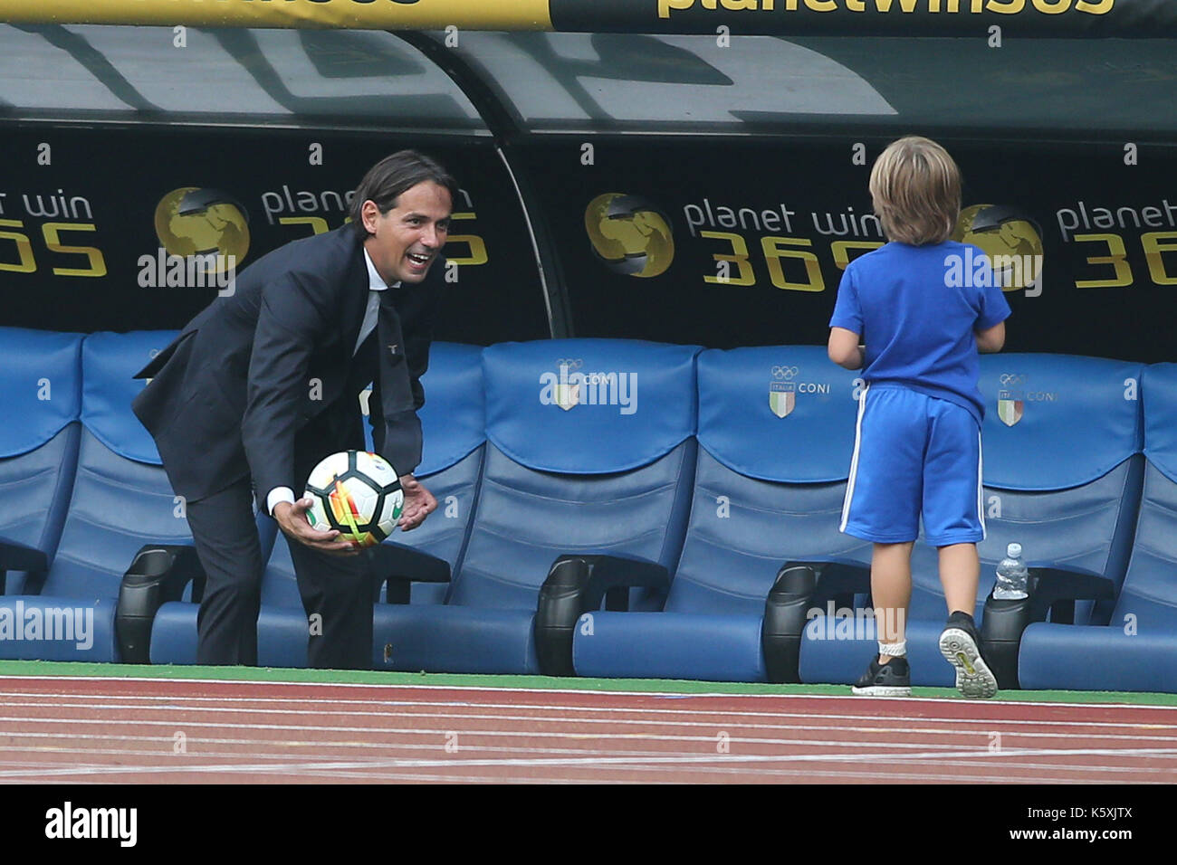 Italy, Rome, September 10, 2017:  Simone Inzaghi with him son at  the end of football  match Serie A Italian league between Lazio vs Milan  in Stadio Olimpico  in Rome on 10 September 2017. Stock Photo