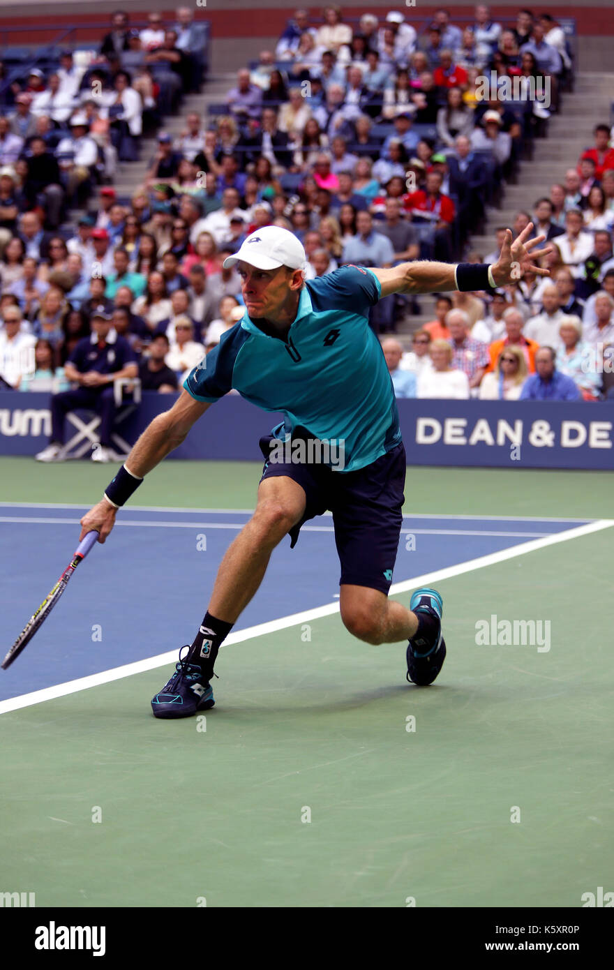 New York, United States. 10th Sep, 2017. US Open Tennis: New York, 10 September, 2017 - Kevin Anderson of South Africa reaches for a backhand return to Rafael Nadal of Spain during the US Open Men's singles final in Flushing Meadows, New York. Nadal won the match in three sets to win the title Credit: Adam Stoltman/Alamy Live News Stock Photo