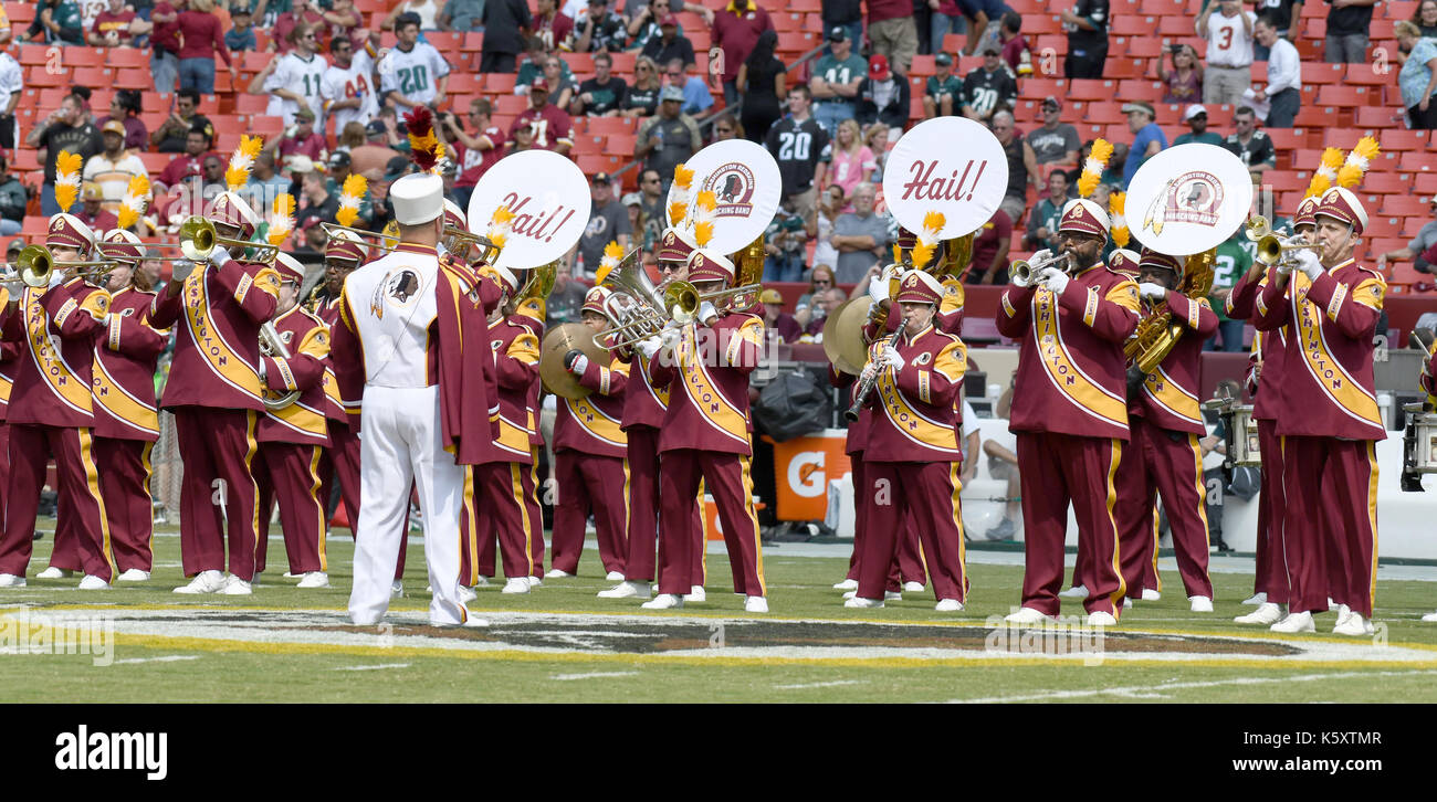 Landrover, Maryland, USA. 10th Sep, 2017. The Washington Redskins Marching Band performs on the field prior to the Philadelphia Eagles against the Washington Redskins game at FedEx Field in Landover, Maryland on Sunday, September 10, 2017. The Eagles won the game 30 - 17. Credit: Ron Sachs/CNP - NO WIRE SERVICE - Photo: Ron Sachs/Consolidated News Photos/Ron Sachs - CNP Credit: dpa picture alliance/Alamy Live News Stock Photo