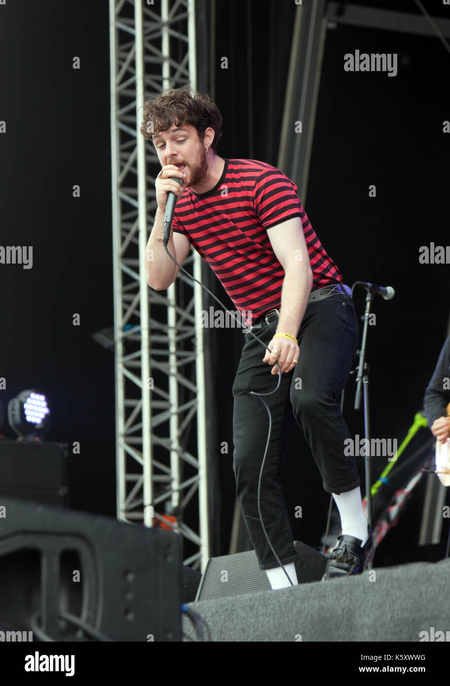 Tom Grennan gives a very strong performs on the main stage during the 2017 On Blackheath Music Festival Stock Photo