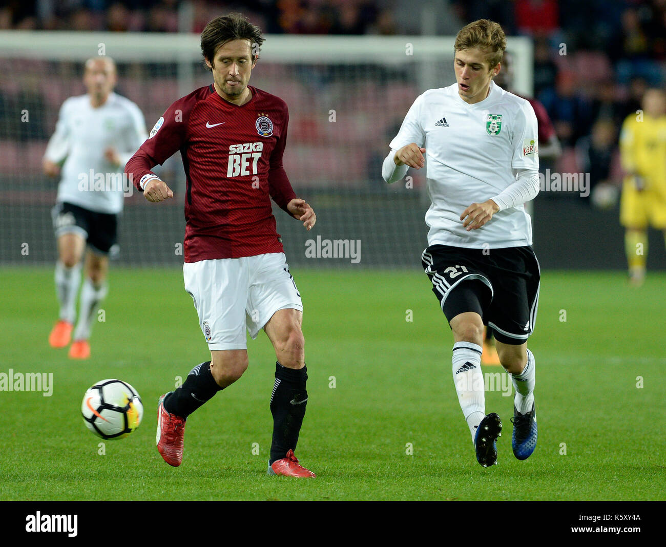 Prague, Czech Republic. 10th Sep, 2017. Tomas Rosicky of Sparta, left, and  Tomas Weber of Karvina in action during the 6th round match of Czech soccer  league Sparta Praha vs Karvina in