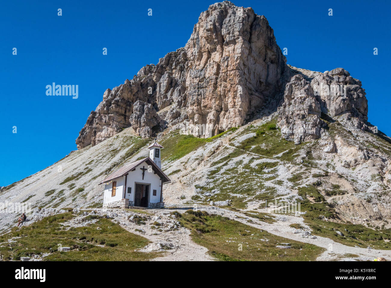 Chapel in Tre Cime Dolomites Italy Stock Photo