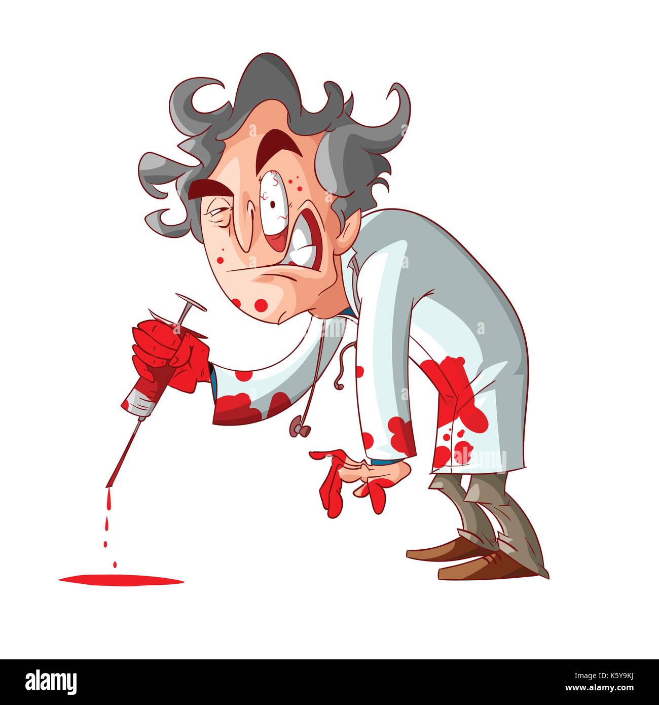 Colorful vector illustration of a cartoon crazy doctor, holding a bloody needle, and blood stains on his hands and clothes. Stock Vector