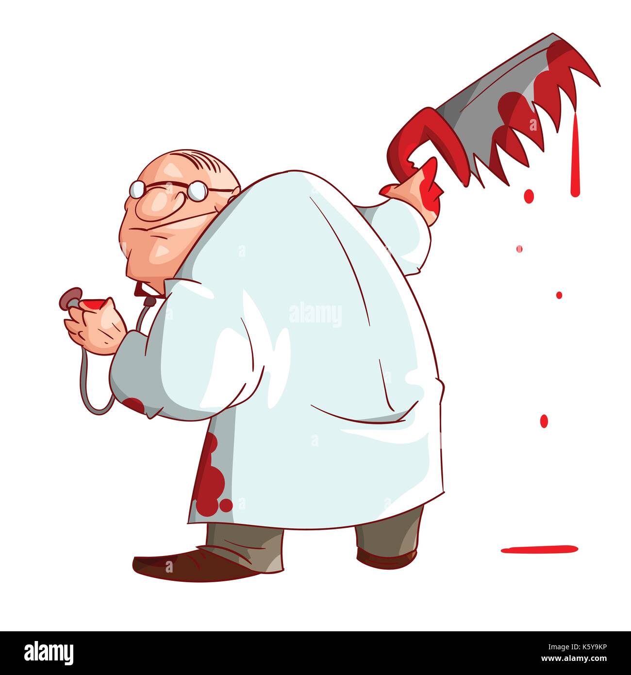 Colorful vector illustration of a cartoon crazy doctor, holding a bloody saw and blood stains on his clothes and hands Stock Vector