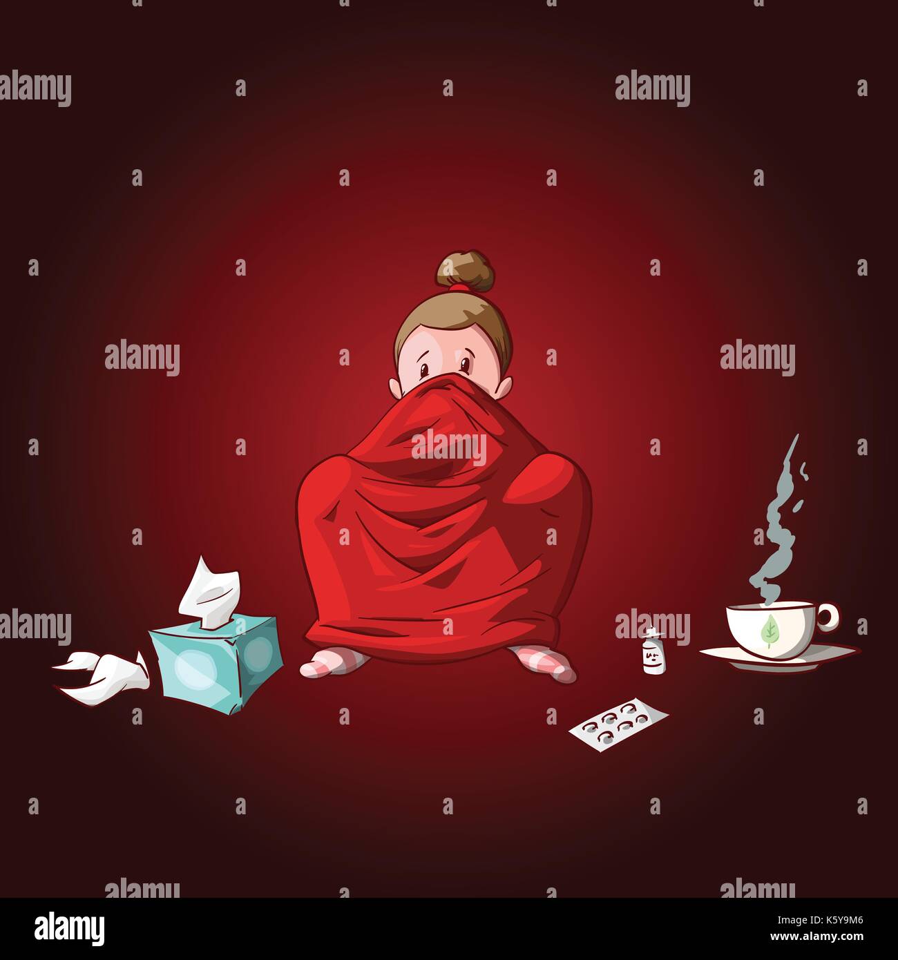 Colorful vector illustration of a cartoon sick girl, covered with blanket, having hot tea or medicine and used tissues and pills. Stock Vector