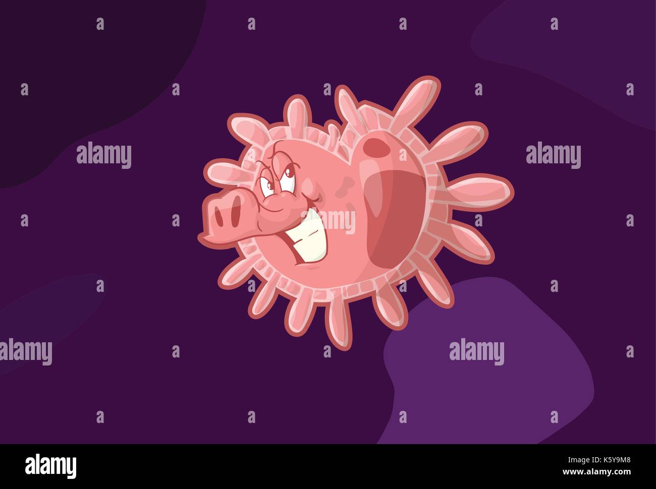 Colorful vector illustration of a h1n1 swine flu virus, influenza, looking like a smiling pig. Stock Vector