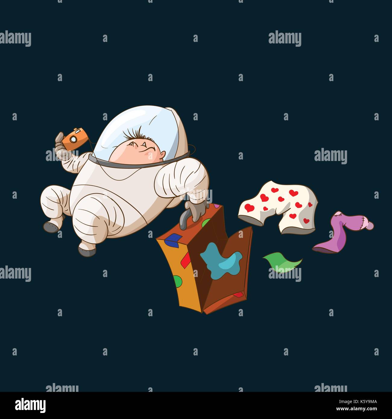 Colorful illustration of a space tourist in zero gravity, wearing a suit. Stock Vector