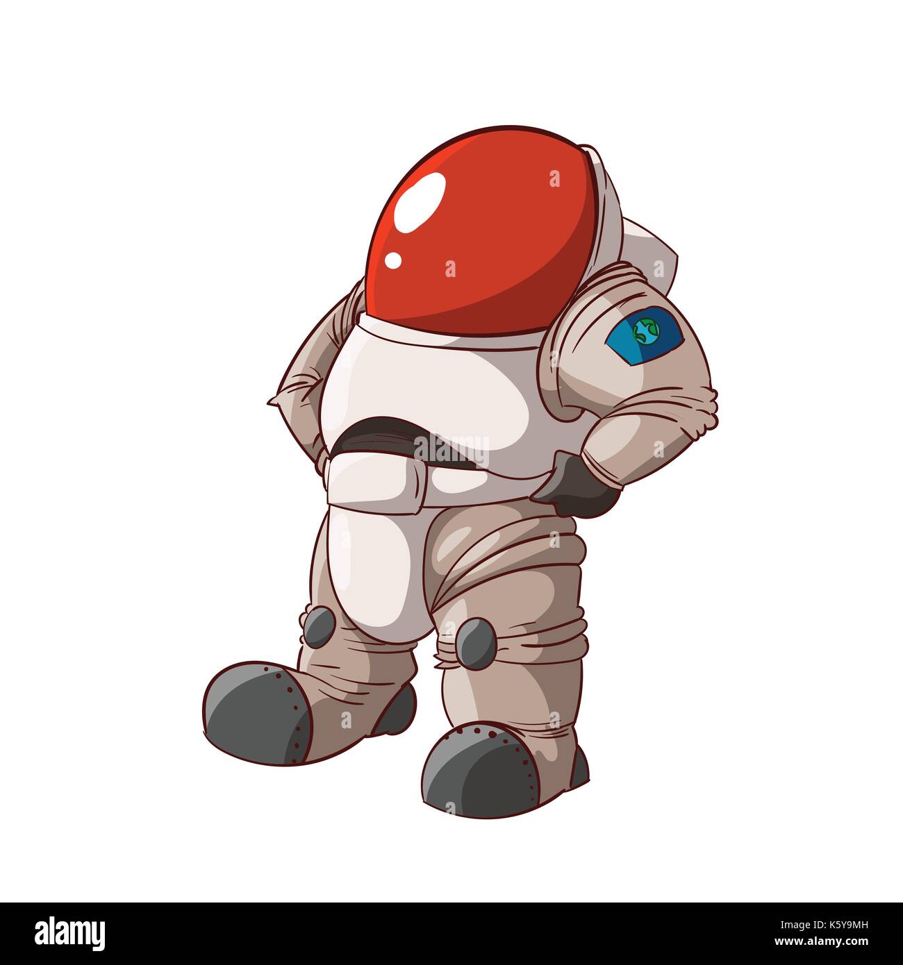 Colorful vector illustration of a cartoon expedition member, astronaut or a cosmonaut in suit on mars or in space. Stock Vector