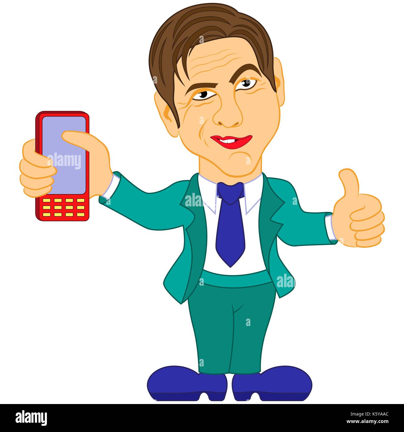 Smiled gentleman in turquoise suit holds the mobile phone, color cartoon vector illustration Stock Vector