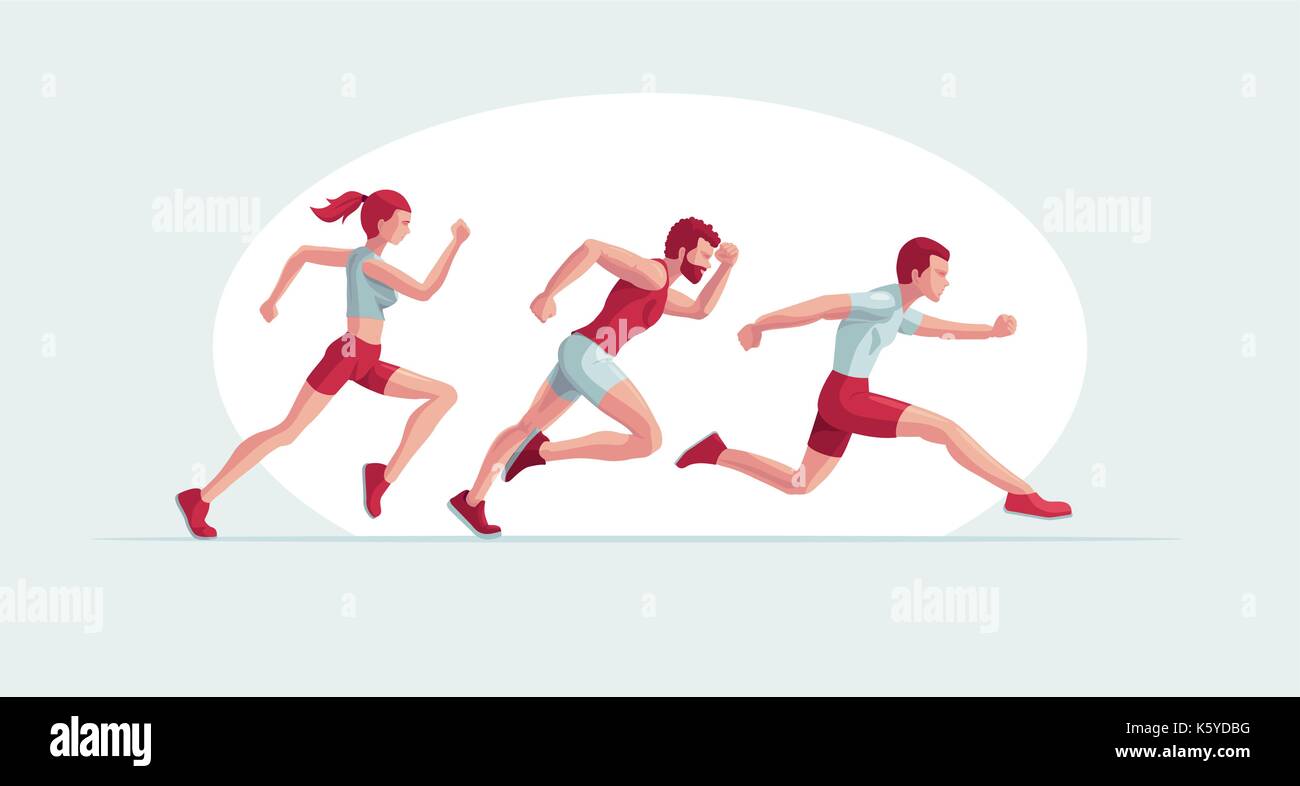 Vector illustration of running people. Two man and a woman are jogging. Easy editable global colors. Stock Vector