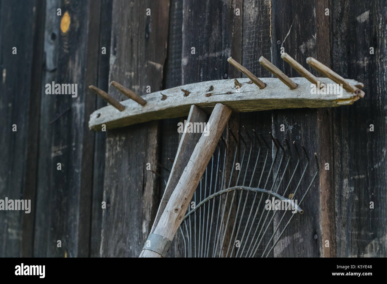 Wooden and metal rake. Stock Photo