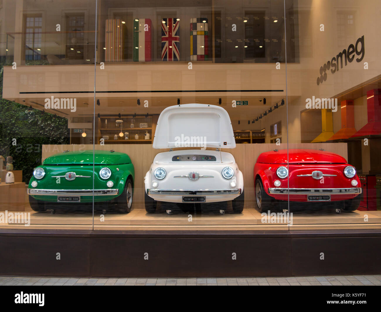 Fiat 500 fridges in a display showroom in London Stock Photo