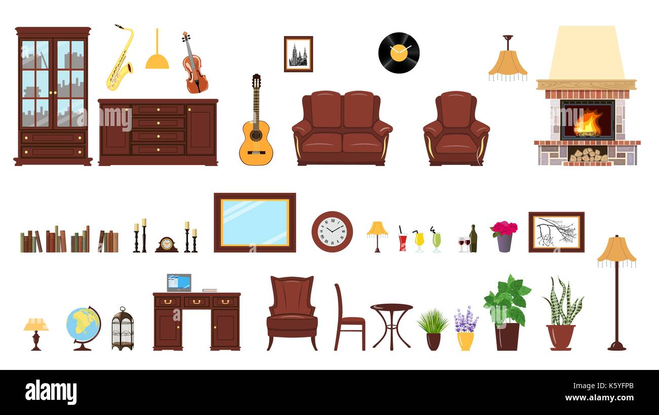 Big realistic Set of home interior setting elements for home design Stock Vector