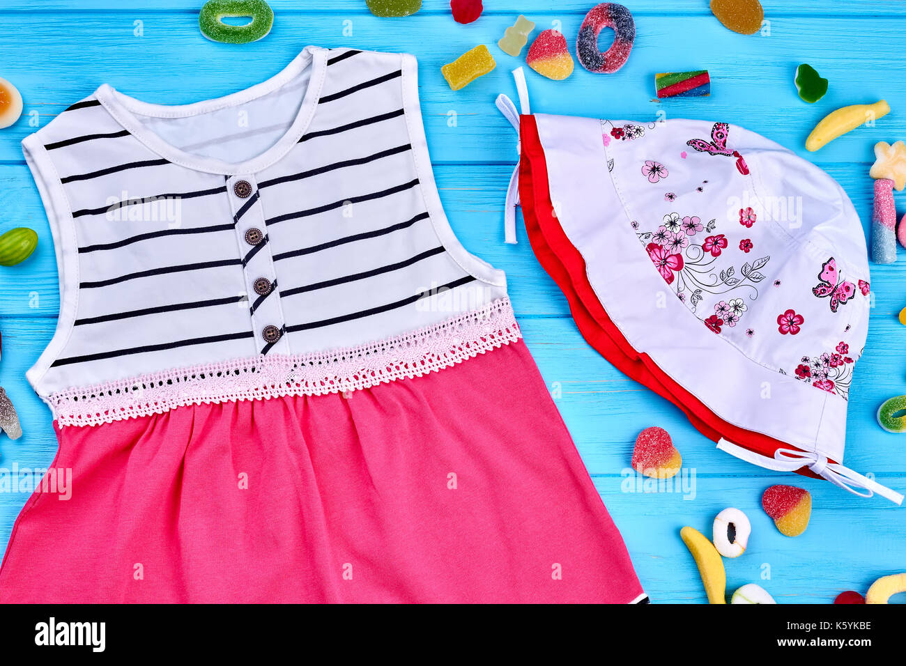 Baby girl summer clothes accessories. Little girl fashion design sundress and hat close up. Kids fashion outfit Stock Photo Alamy