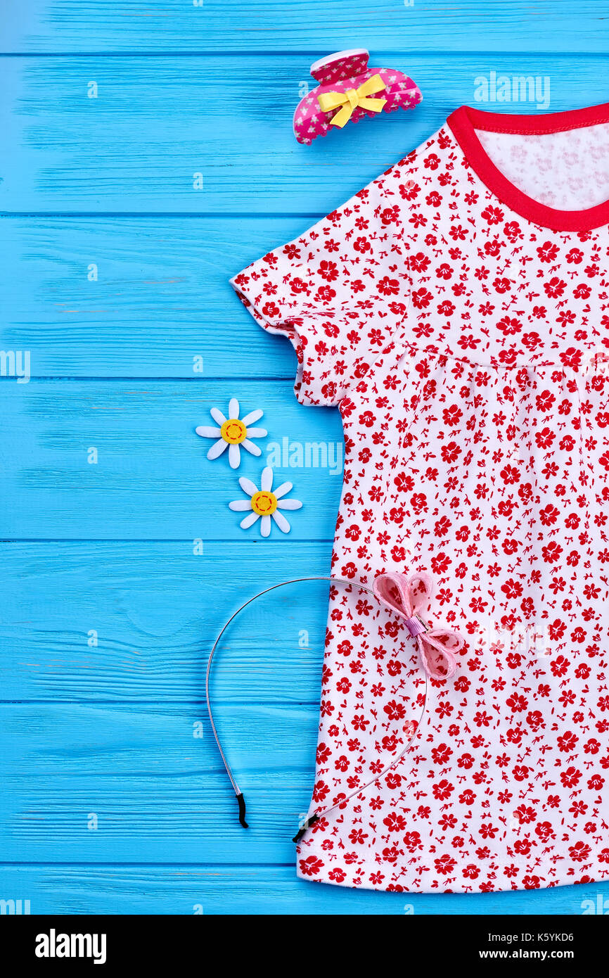 Toddler girl dress and accessories. Patterned cotton summer dress and