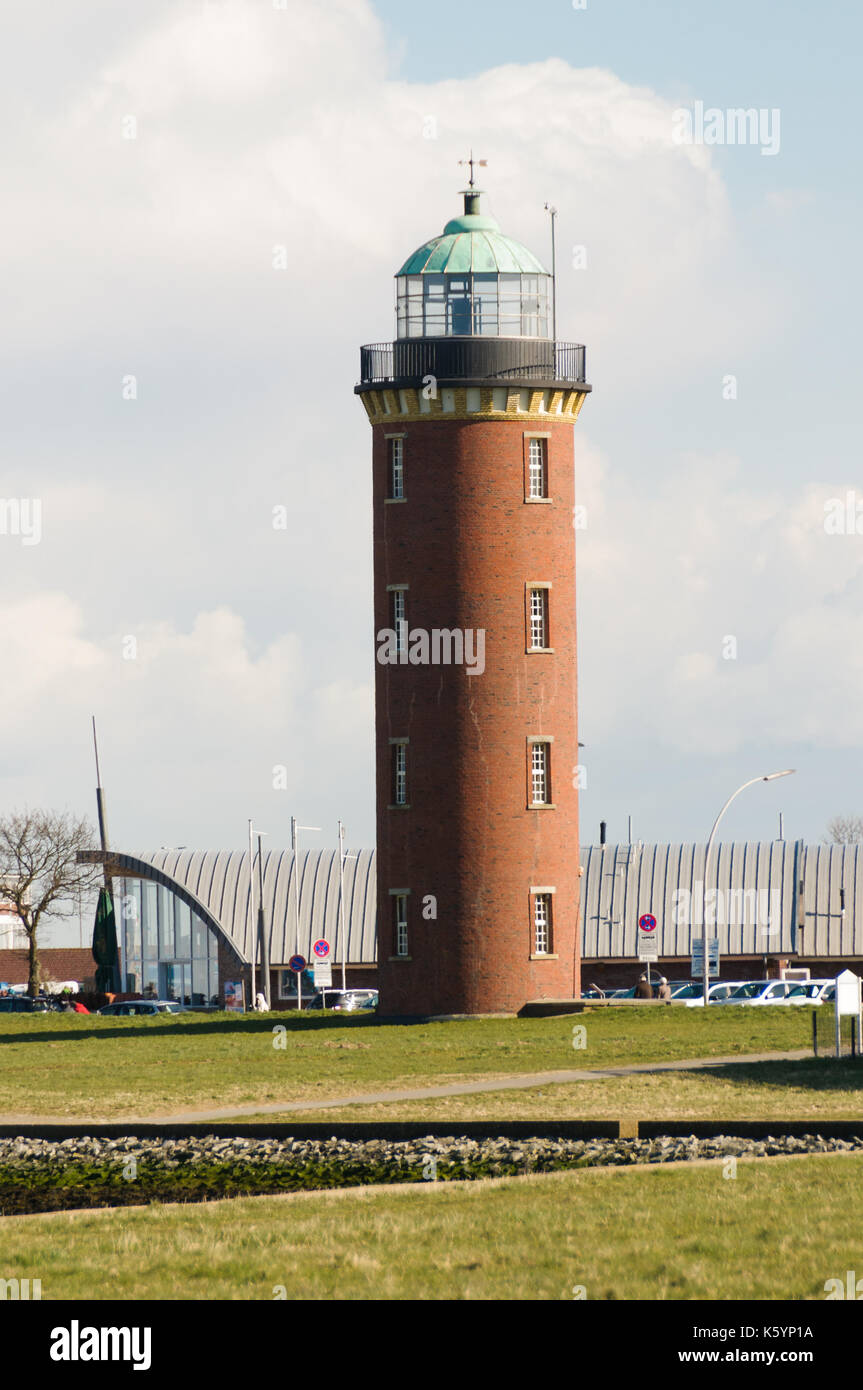 Vertical photo of the Hamburger Leuchtturm on a beautiful day with blue sky in Hamburg, Germany. Stock Photo