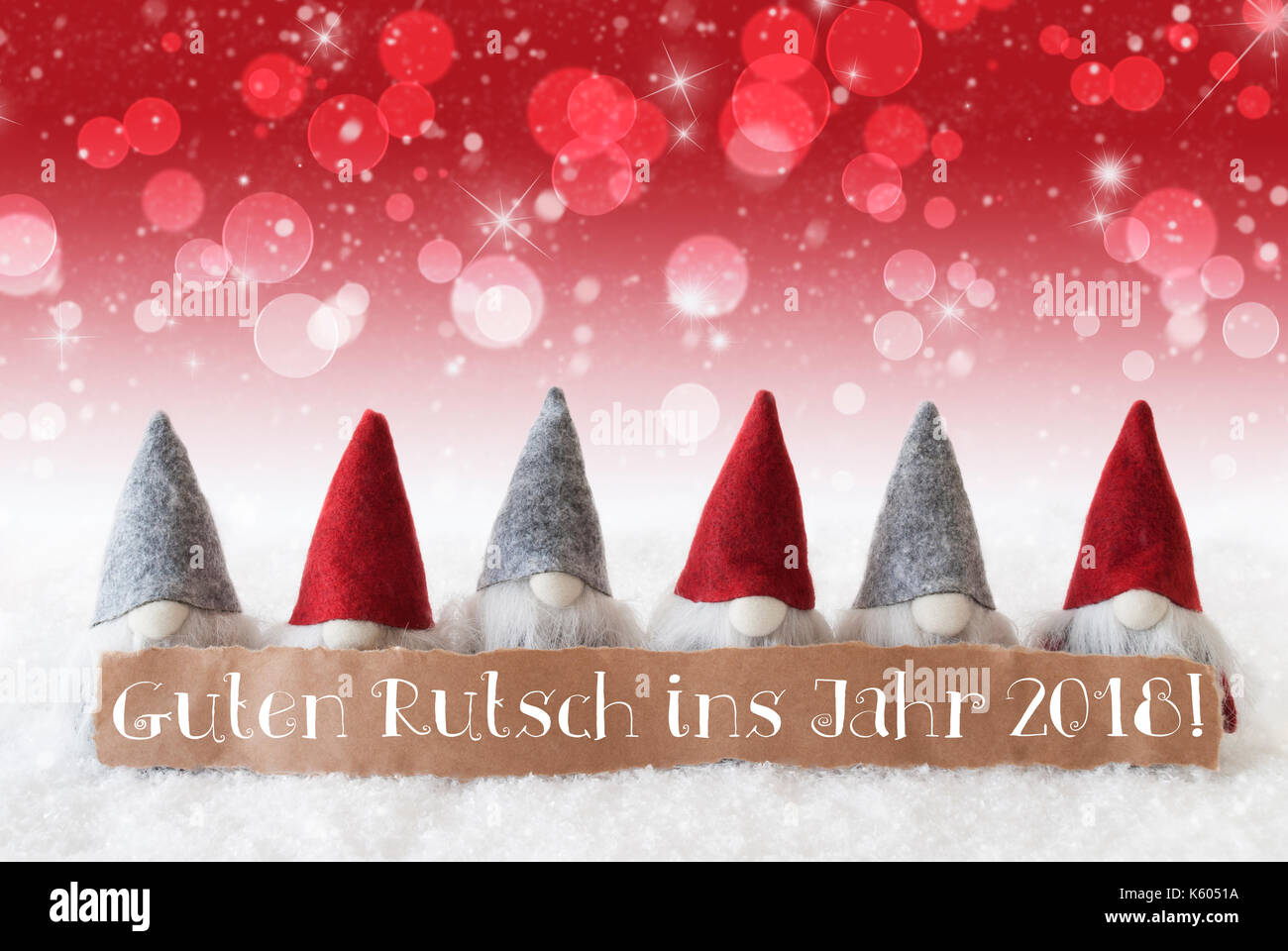 Gnomes, Red Bokeh, Stars, Guten Rutsch 2018 Means New Year Stock Photo