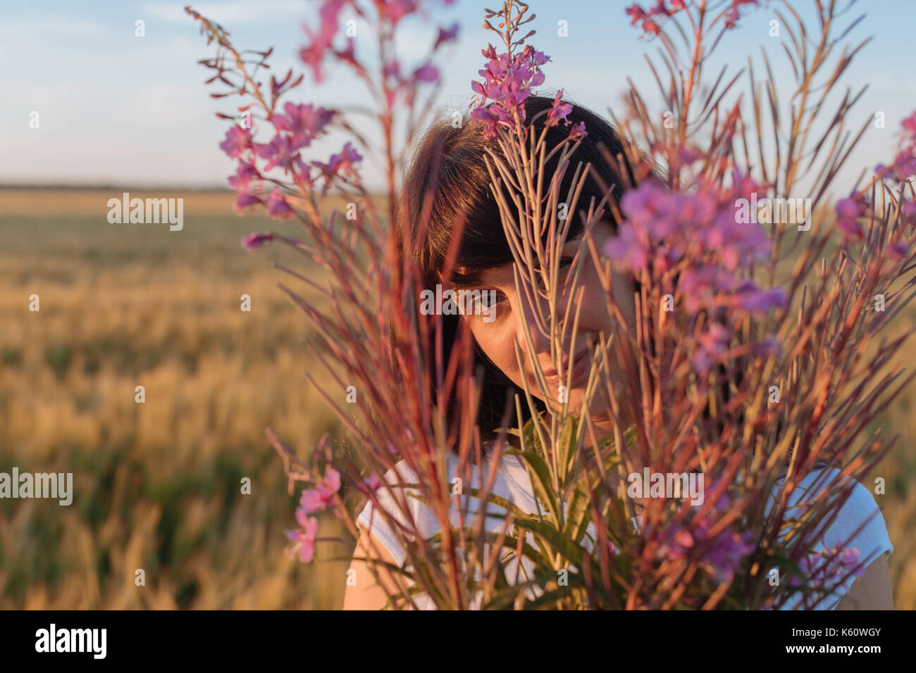 Beautiful girl in the field hiding behind flowers. Stock Photo