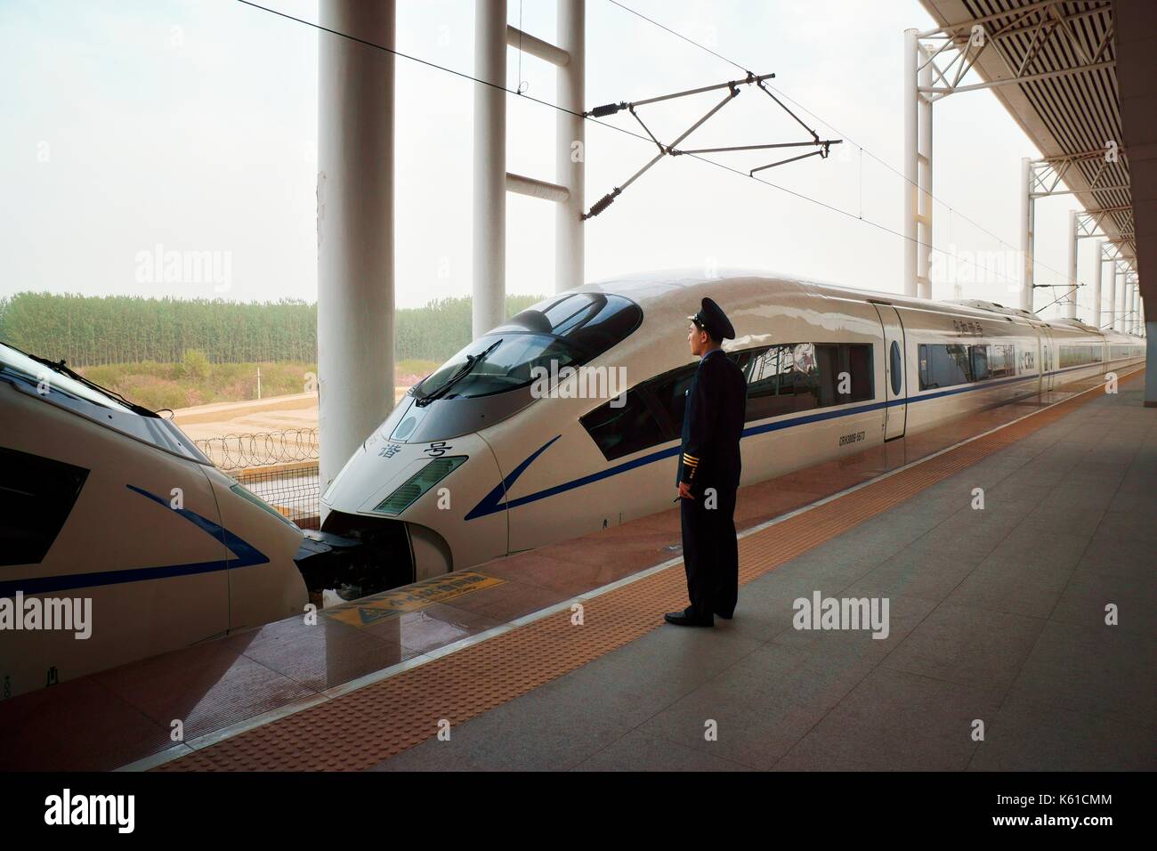 Electric bullet train of the Beijing to Shanghai High Speed Railway at Dezhou East Railway Station, Shandong Province, China Stock Photo