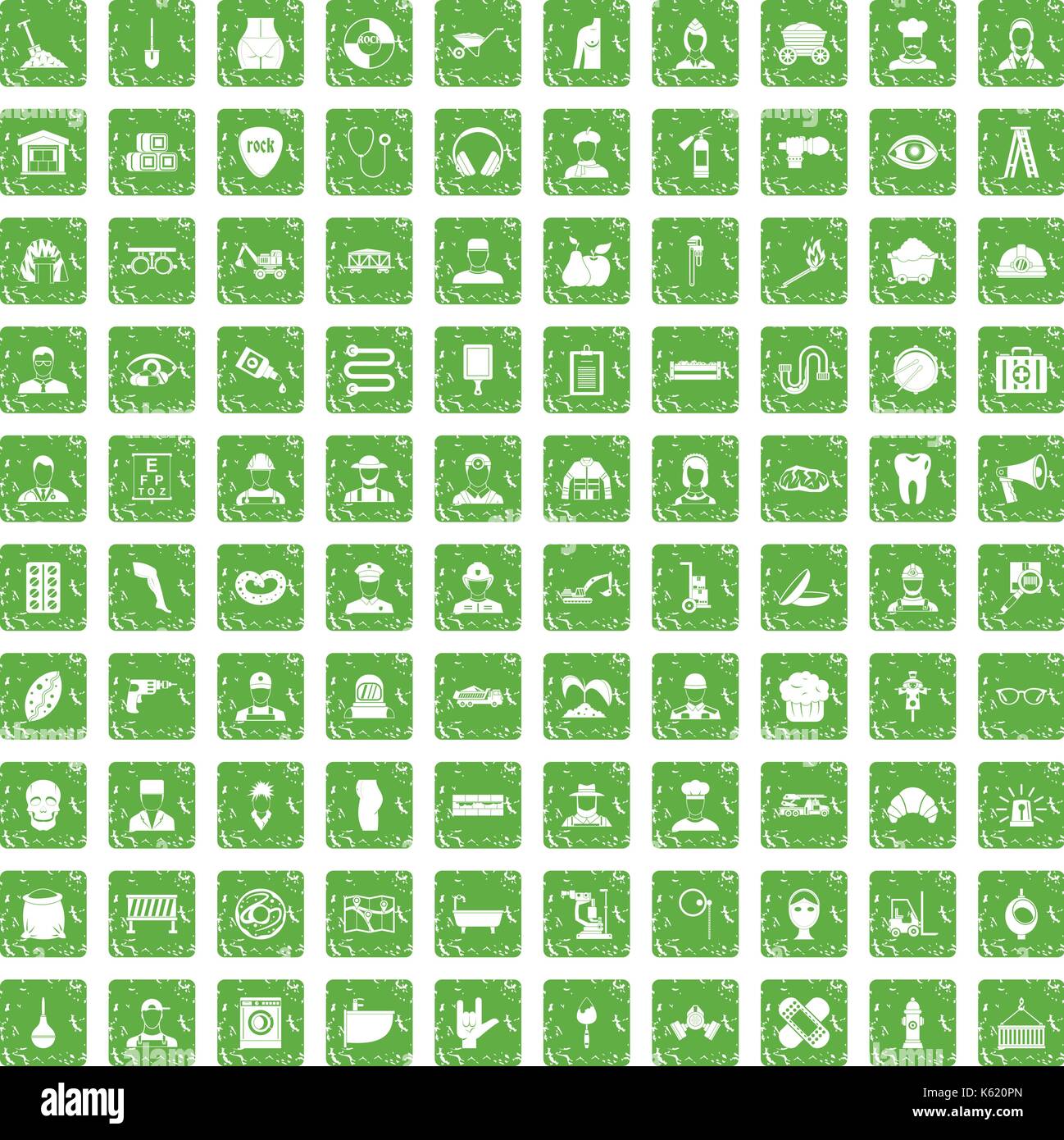 100 different professions icons set grunge green Stock Vector