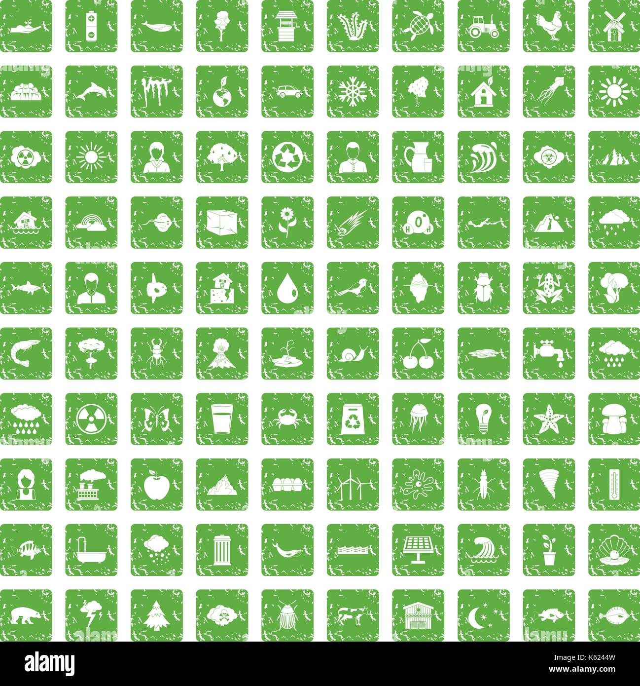 100 earth icons set grunge green Stock Vector
