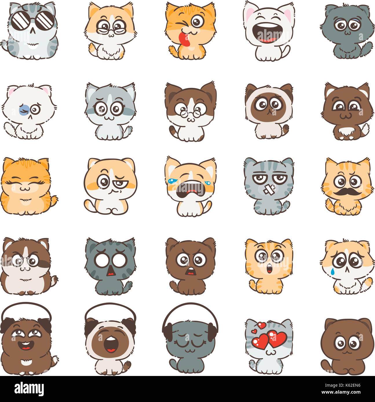 Cute cartoon cats and dogs with different emotions. Sticker collection. Vector set of doodle emoji and emoticons Stock Vector