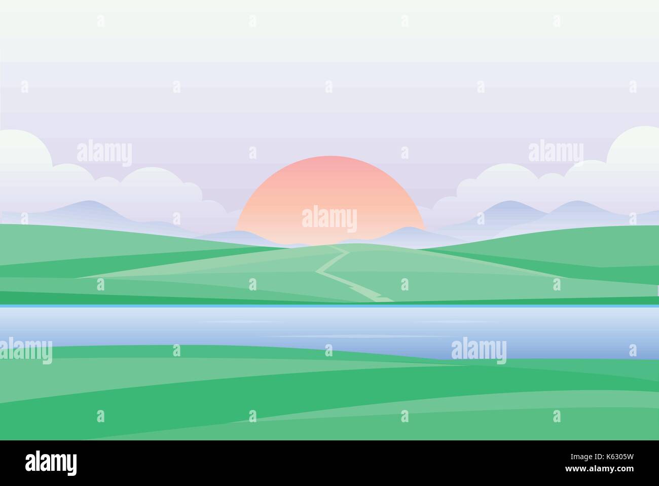 Sunset or dawn by the river - modern vector illustration - modern vector illustration. Beautiful view with big sun, clouds, green grass, field, meadow Stock Vector