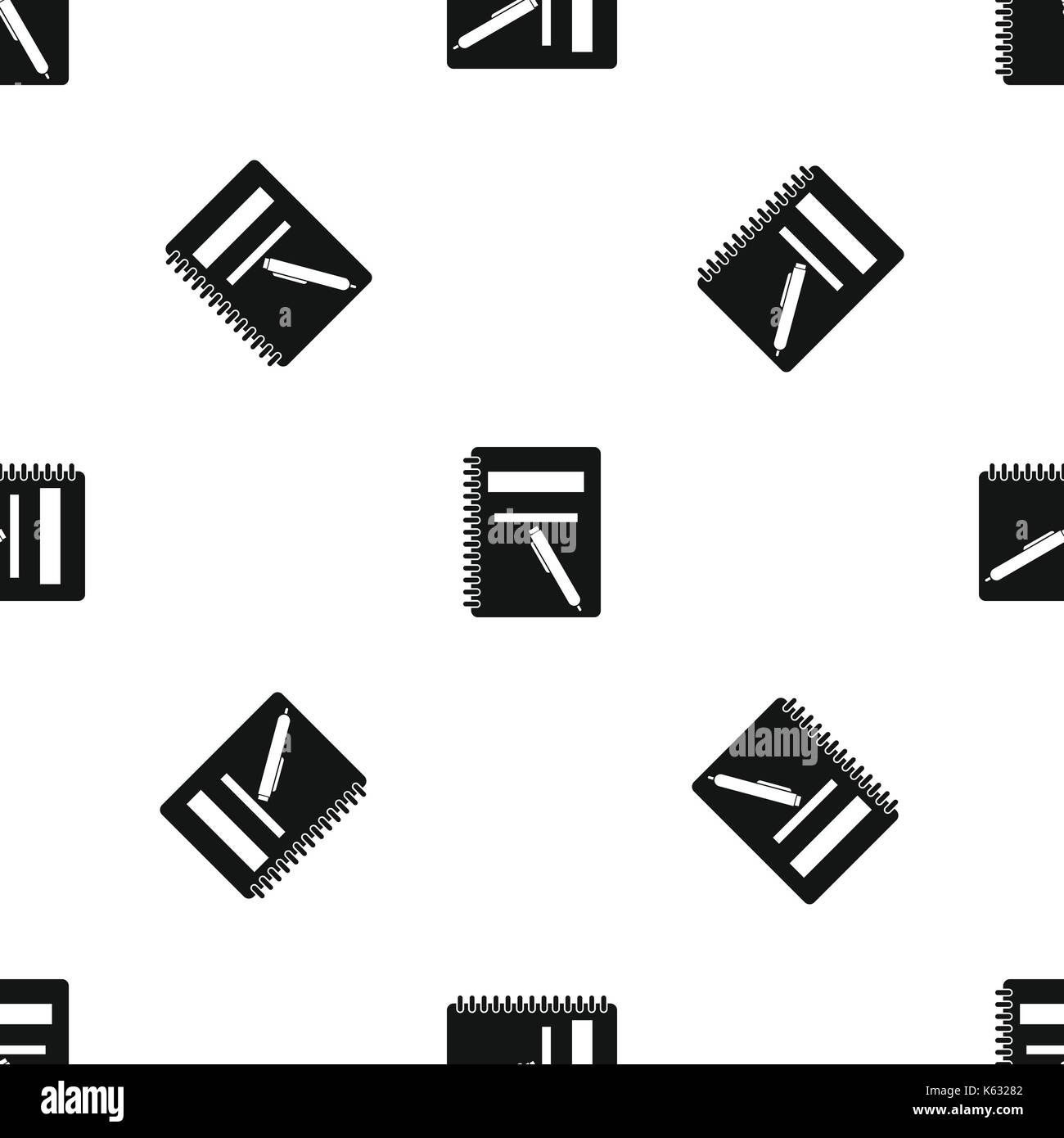 Closed spiral notebook and pen pattern seamless black Stock Vector