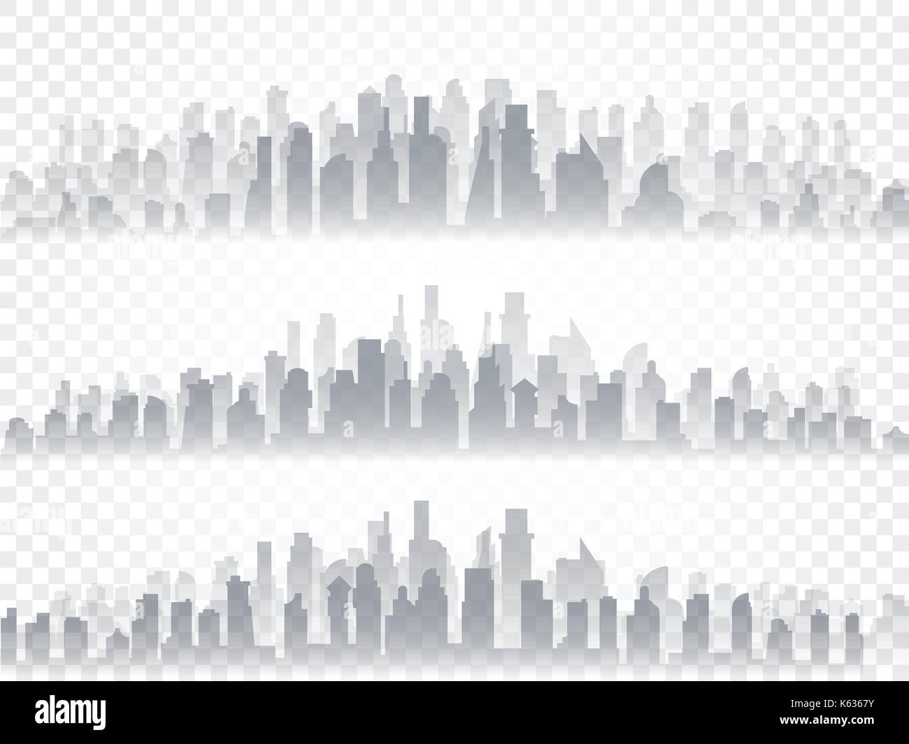 Vector isolated silhouette set of big city town, skyscrapers building, business centers. Twilight, blue sunset, panorama of the city on the horizon, urban design vector illustration. Stock Vector