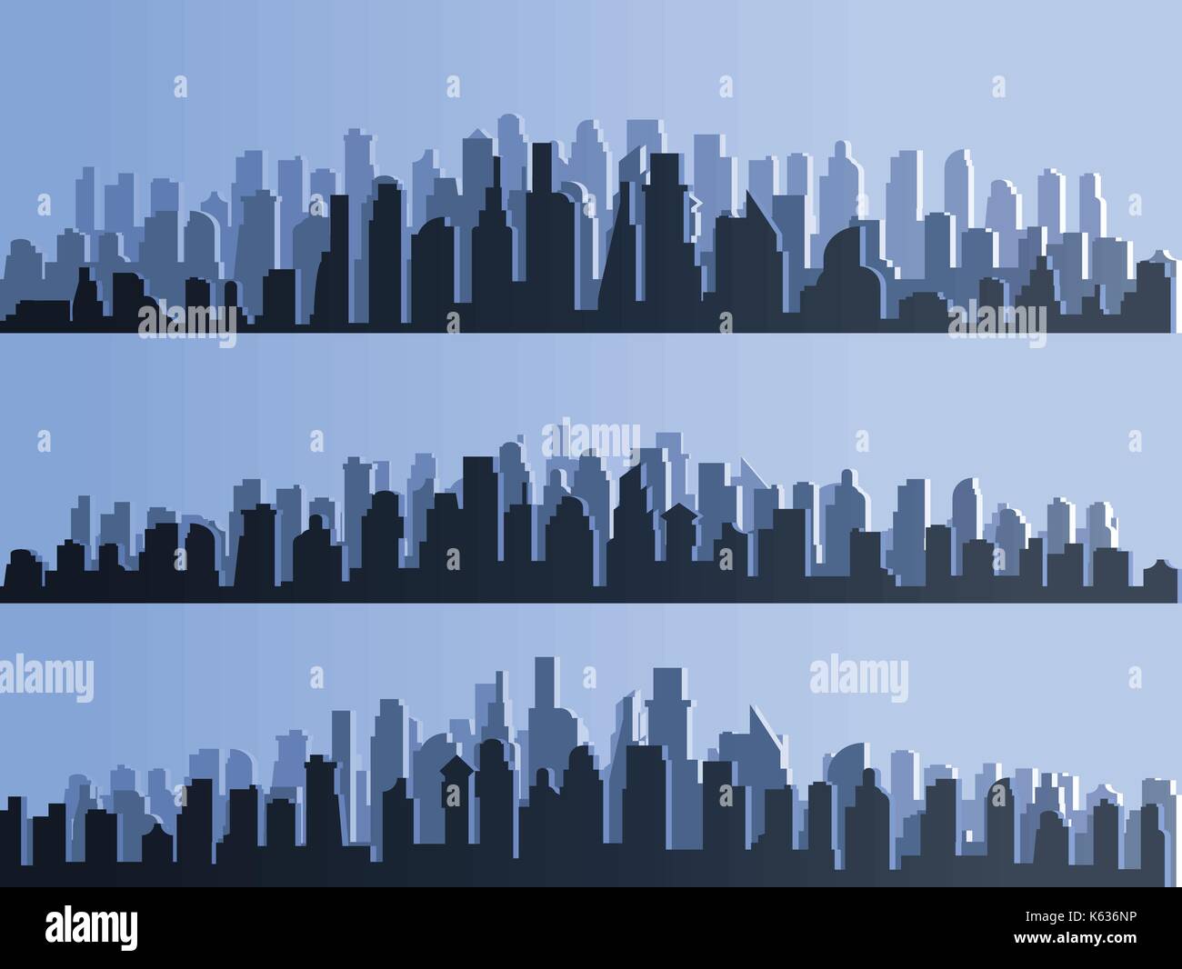 Vector isolated silhouette of big city town, skyscrapers building, business centers. Twilight, blue sunset, panorama of the city on the horizon, urban design vector illustration. Stock Vector