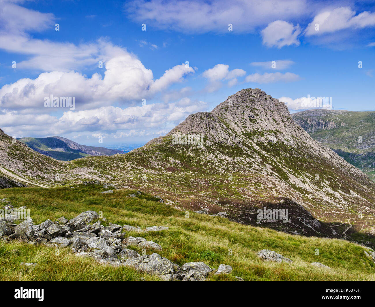 Tryfan, a mountain in the Ogwen Valley, and part of the Glyders Range, Snowdonia National Park, North Wales, UK, on a fine summer day. Stock Photo