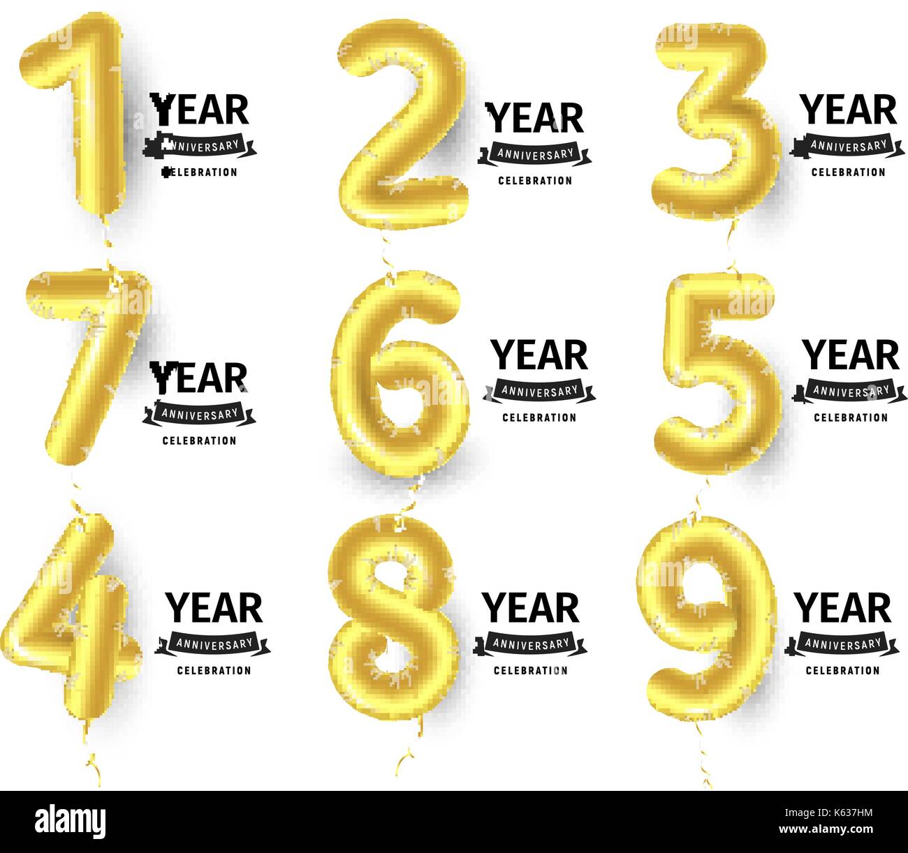 Baloons numbers set, golden air balls for decoration birthday party collection, vector anniversary illustration, posters, cards, logos Stock Vector