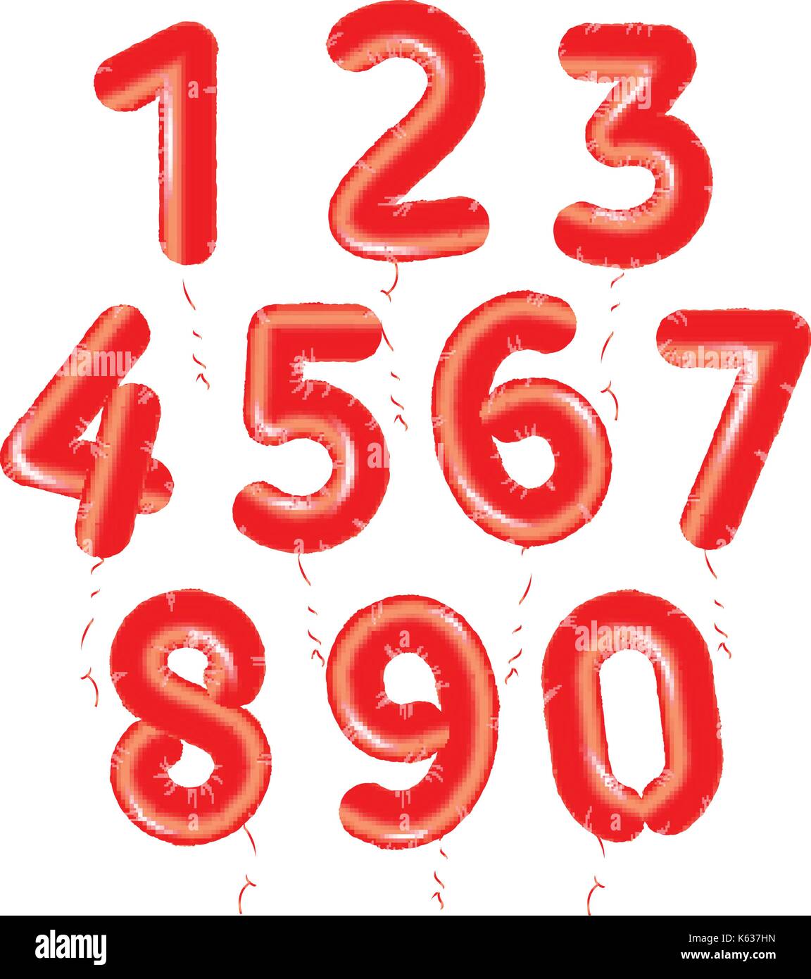 Baloons numbers set, red air balls for decoration birthday party collection, vector anniversary illustration, posters, cards, logos Stock Vector