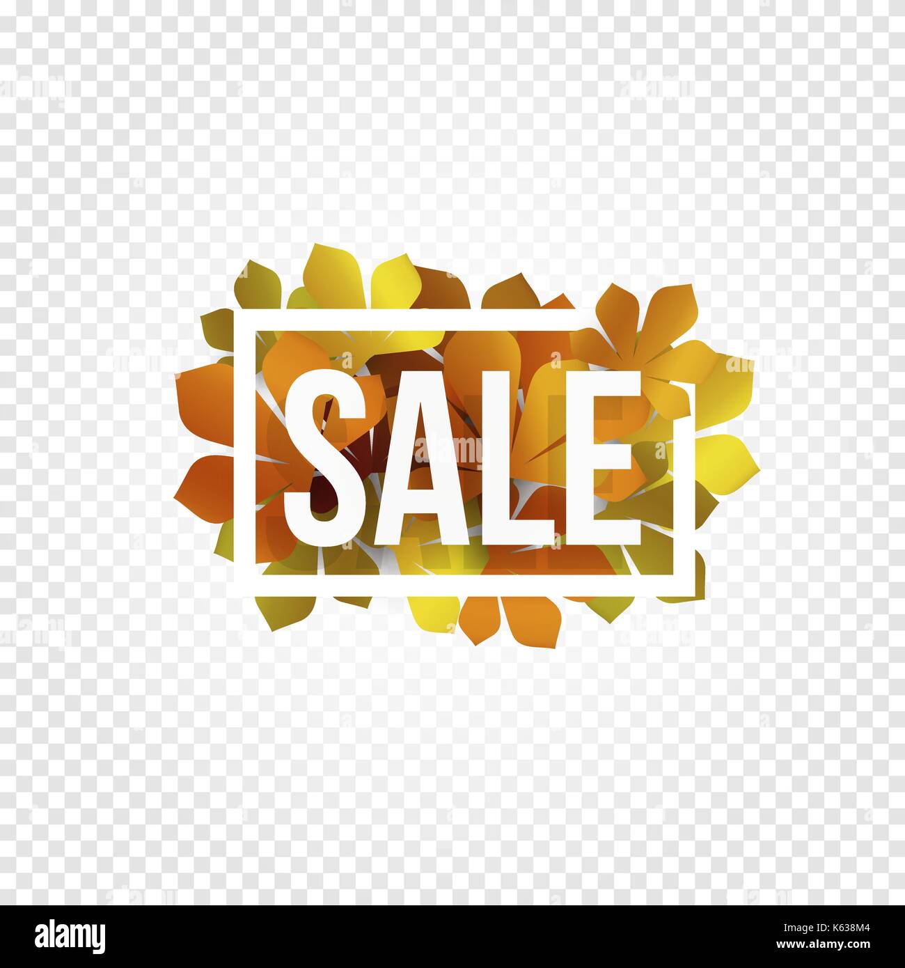 Sunny poster, colorful chestnut leaves background in rectangular white frame with promo info about autumn season discount or other marketing promotion. Vector illustration. Stock Vector