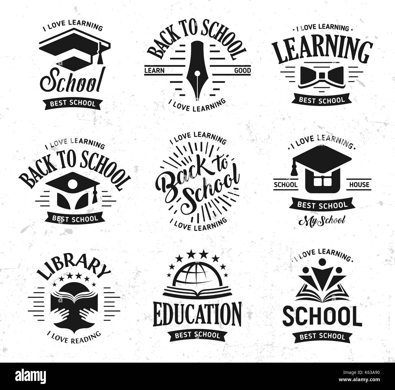 School vector logos set, monochrome vintage design education signs. Back to school, university, college, learning logo collection. Black and white emblems on white grunge background Stock Vector