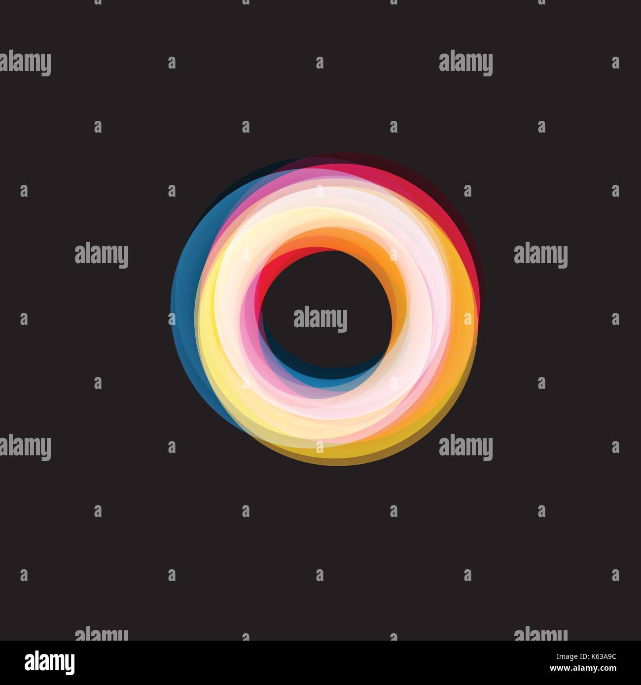 Isolated funnel abstract logo, linear unusual shape, circular line logotype. Luminous hoops, rings, wheel graphic illustration on the black background. Stock Vector