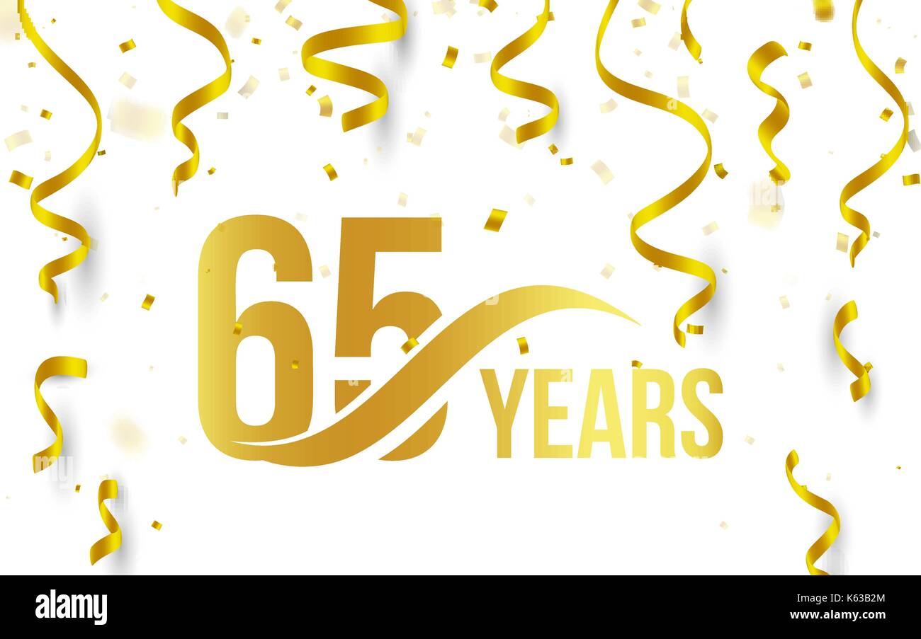 Isolated golden color number 65 with word years icon on white background with falling gold confetti and ribbons, 65th birthday anniversary greeting logo, card element, vector illustration Stock Vector