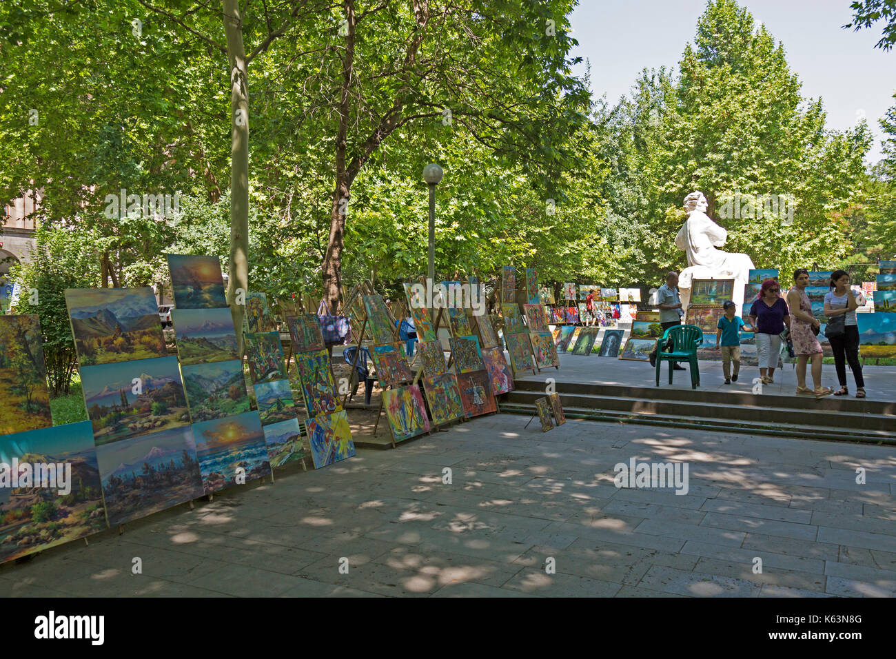 Paintings by local artists being exhibited and sold in a park in Yerevan, Armenia. Stock Photo