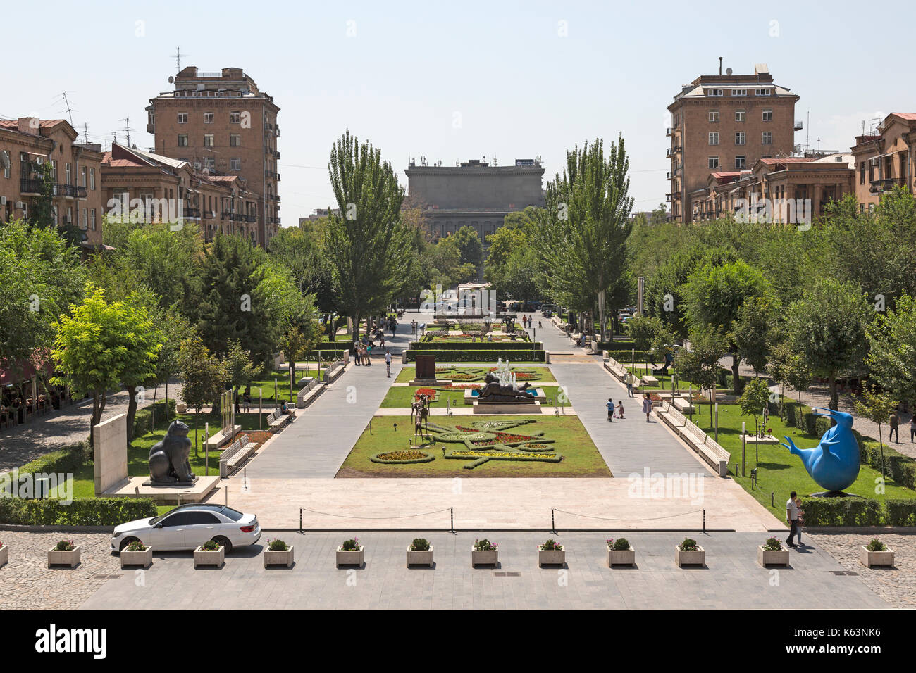 View looking down from the Cascade Museum of art in Yerevan, Armenia, showing gardens and flower beds. Stock Photo