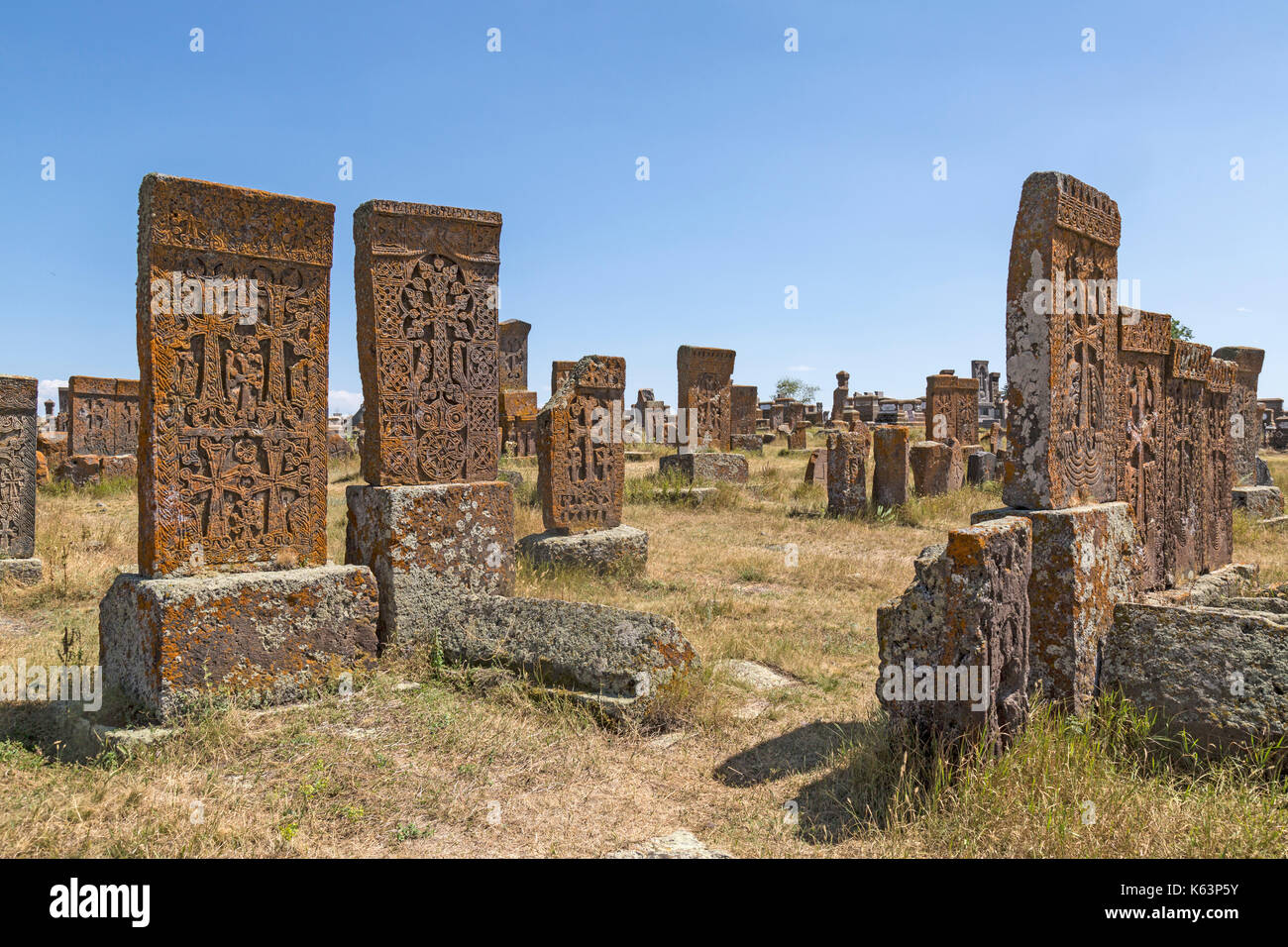 Armenian Cross Stones known as Khachkar, in the medieval Noratus  Cemetery, 90 kilometres north of Yerevan. Stock Photo
