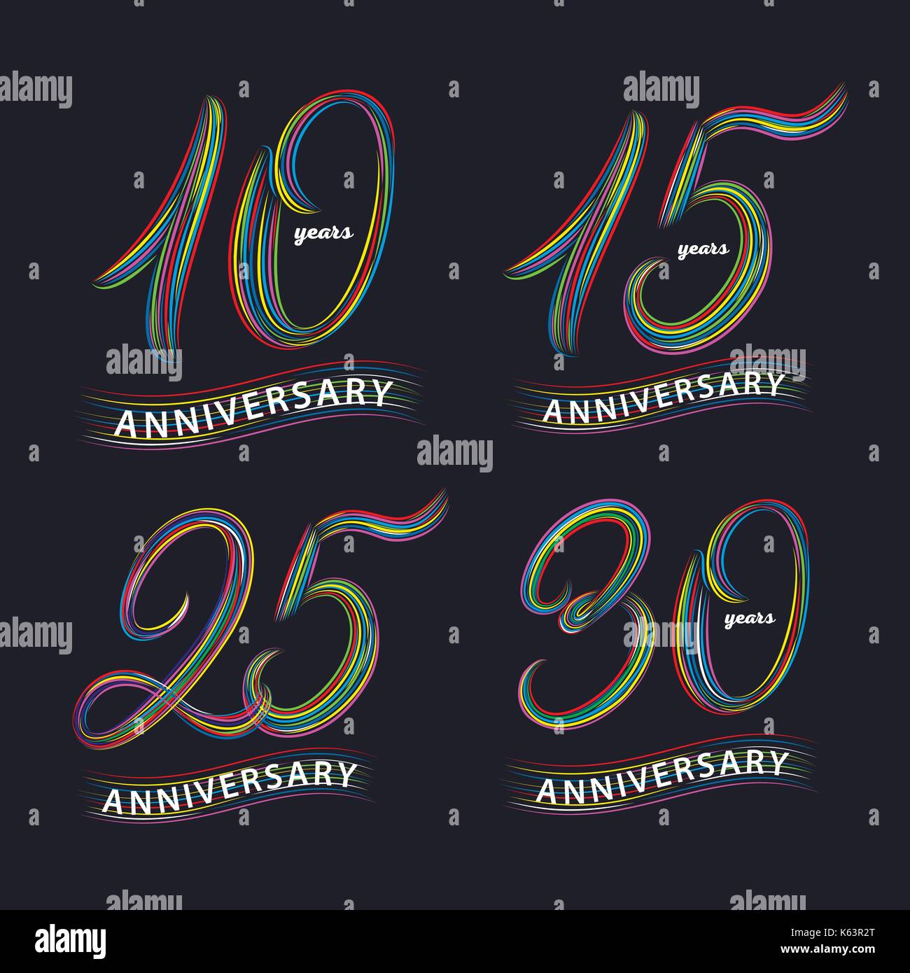 Set of 10, 15, 25, 30 years anniversary. Hand written lettering numbers. Anniversary celebration background for card, poster, print. Trendy colorful s Stock Vector