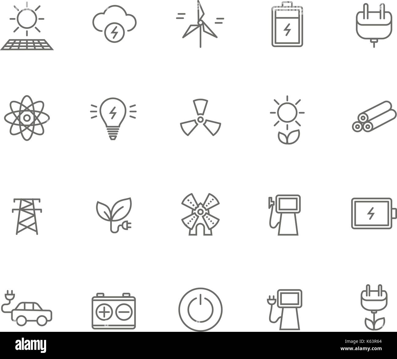 Set of 20 energy industry thin line icons. Solar panel, battery, socket, windmill, lightning, gasoline, green energy, electrocar and much more. 64x64  Stock Vector