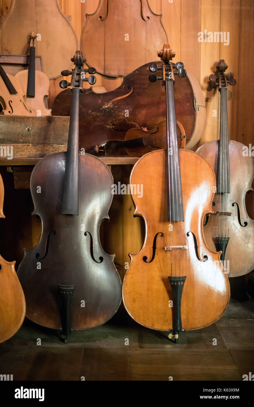 Cellos with violins in background standing in instrument maker workshop Stock Photo
