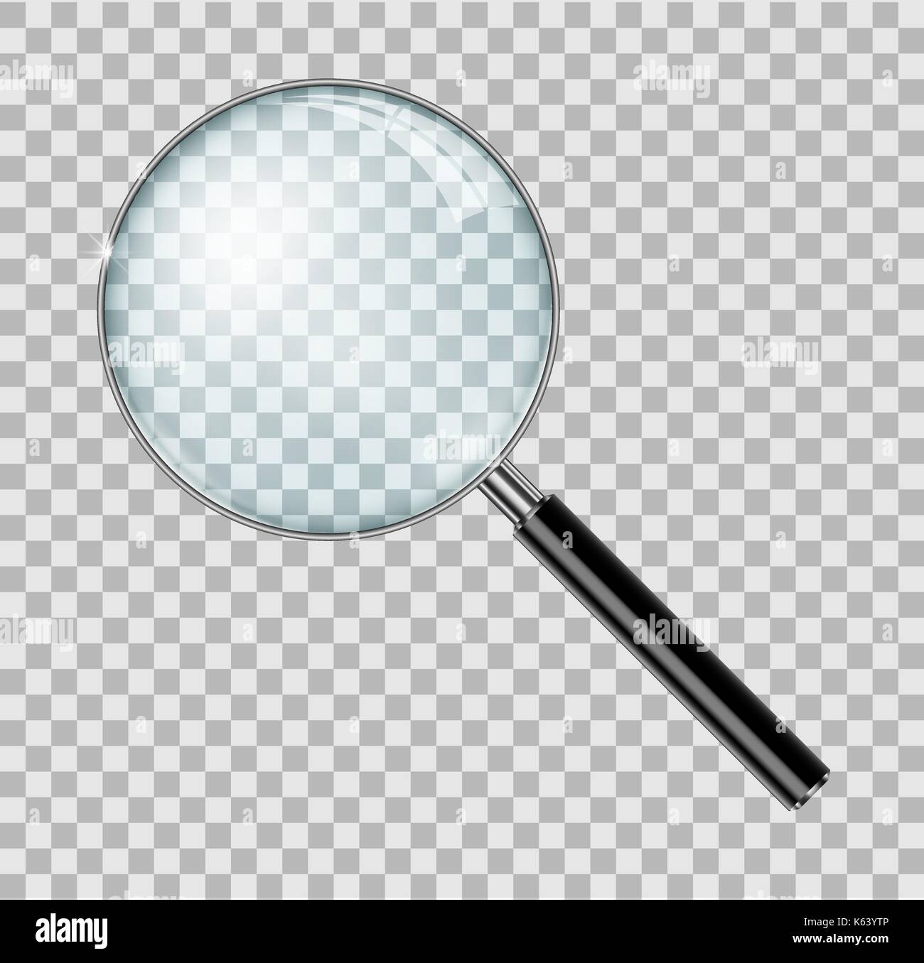 Magnifying glass with steel frame isolated. Realistic Magnifying glass lens for zoom on checkered background. vector illustration Stock Vector