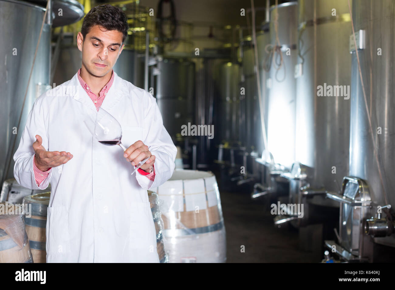 Professional adult male winery technician posing with wine in modern
