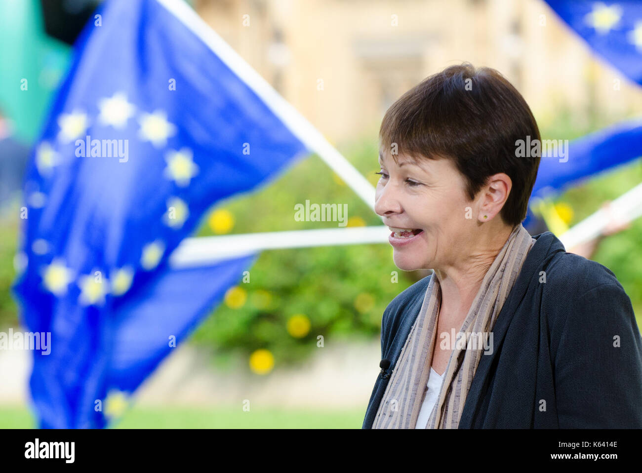 Caroline Lucas MP (Green: Brighton Pavilion and Co-Leader) interviewed on College Green, Westminster, as Parliament debates the EU Withdrawal Bill (Se Stock Photo