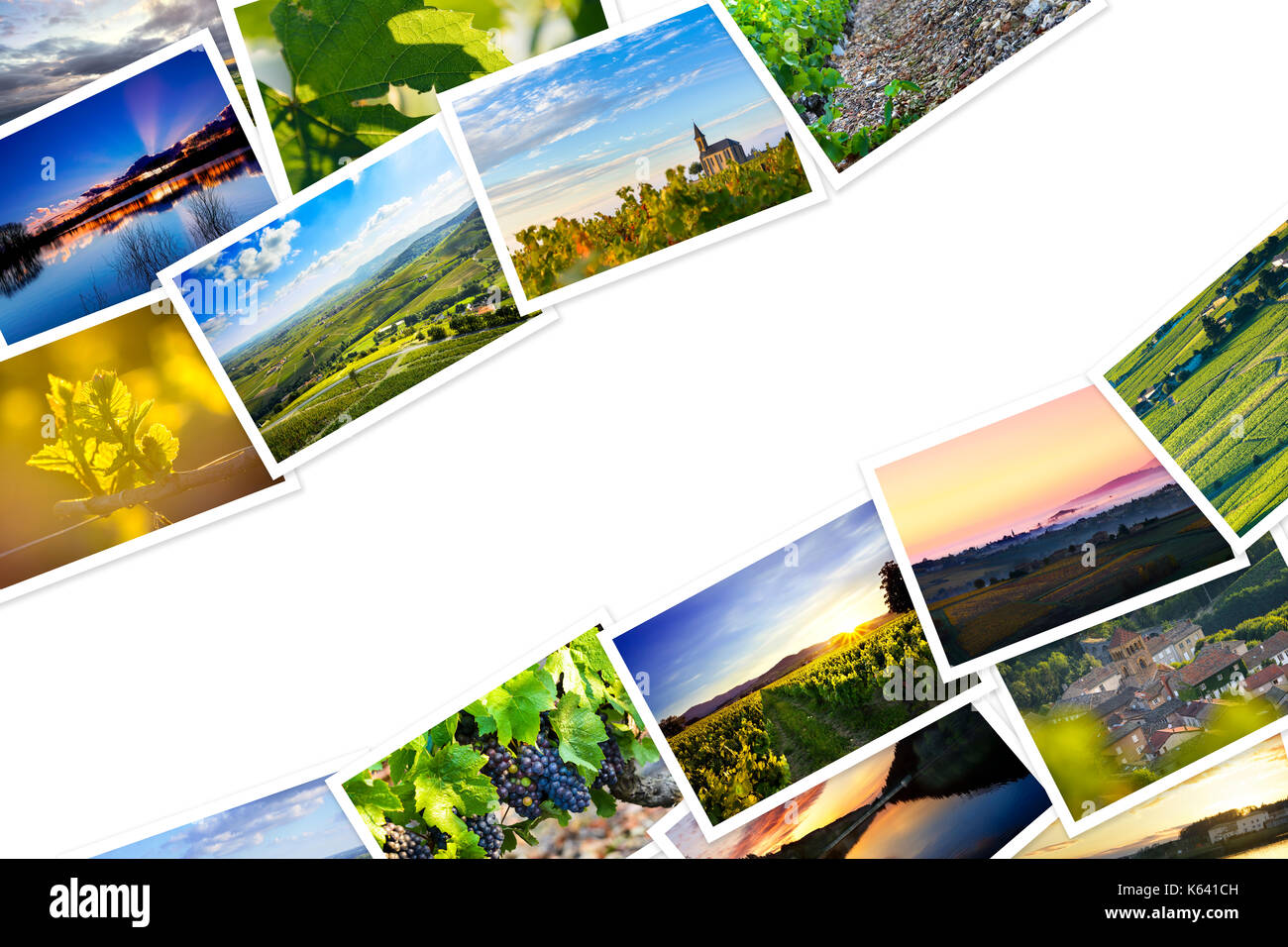Heap of Beaujolais travel photos with a white background Stock Photo
