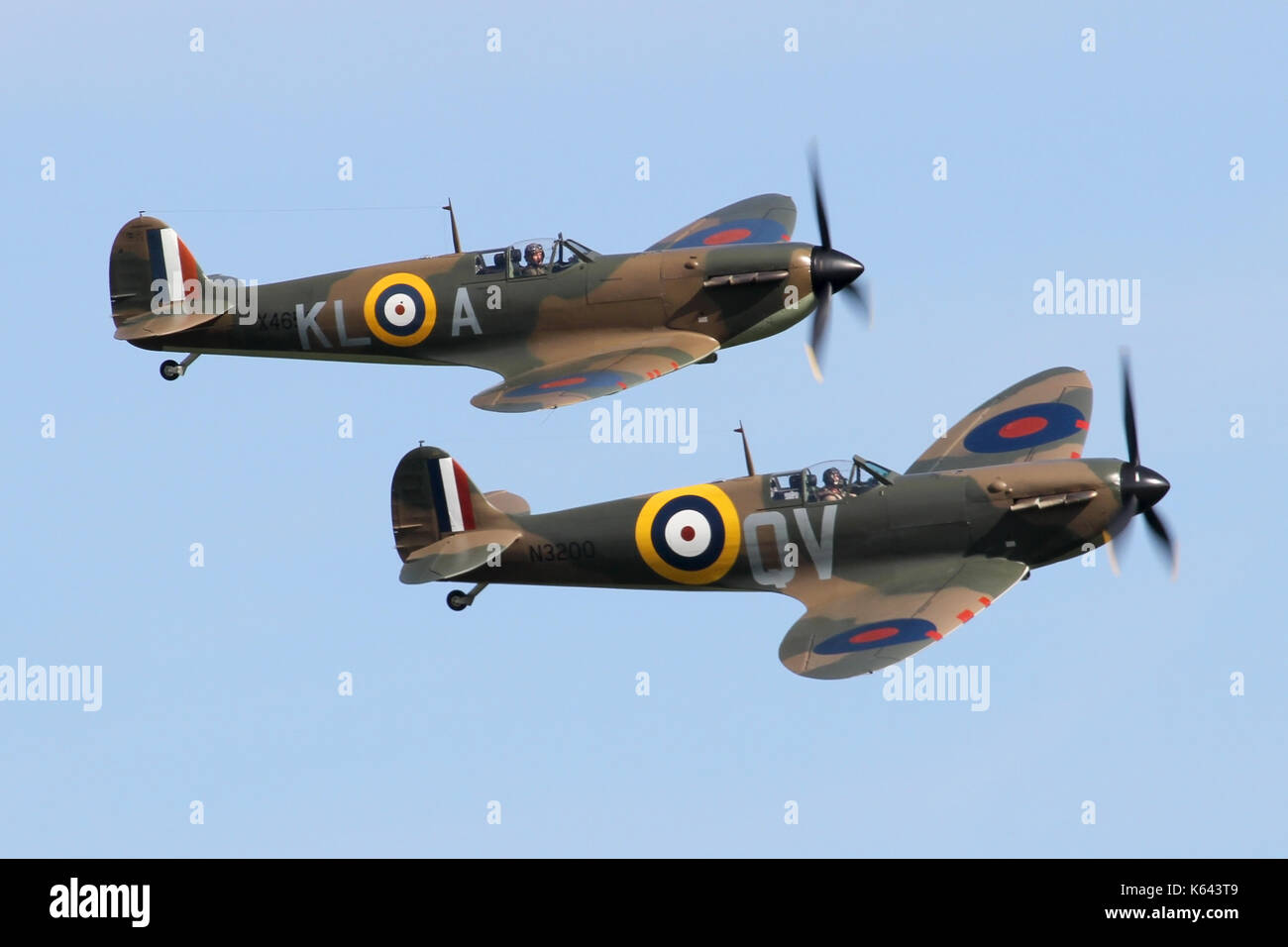 Supermarine Spitfire Mk1's displaying at a Duxford air show in May 2017. Only four of this model are currently airworthy. Stock Photo